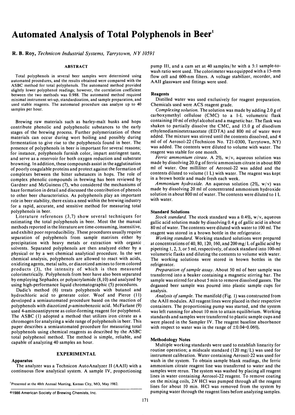 Automated Analysis of Total Polyphenols in Beer1