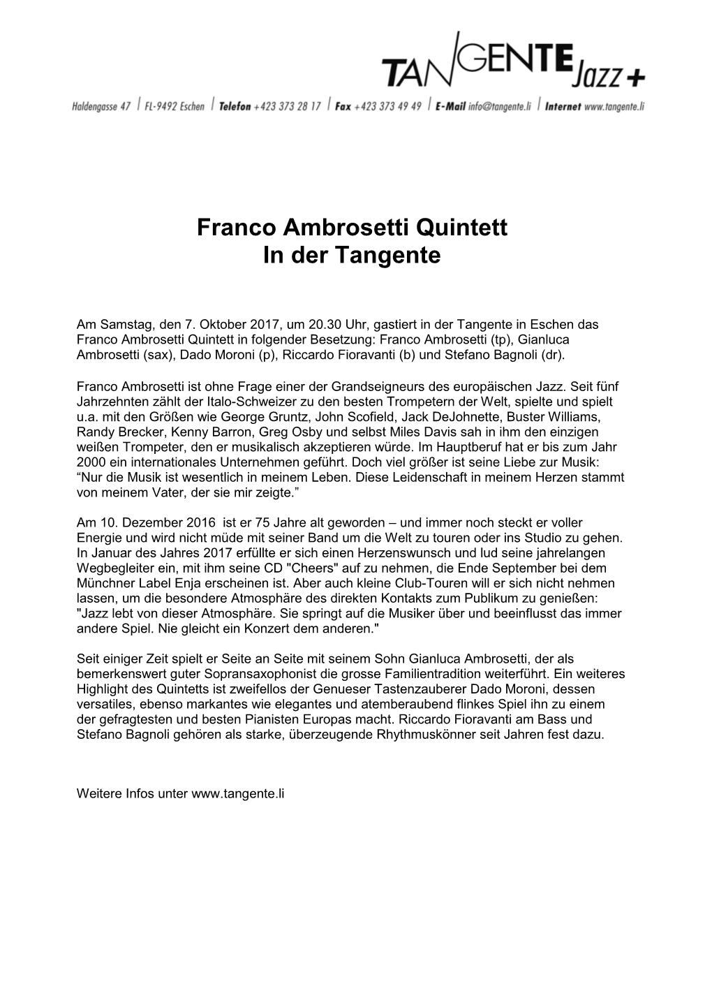 Franco Ambrosetti Quintett in Der Tangente