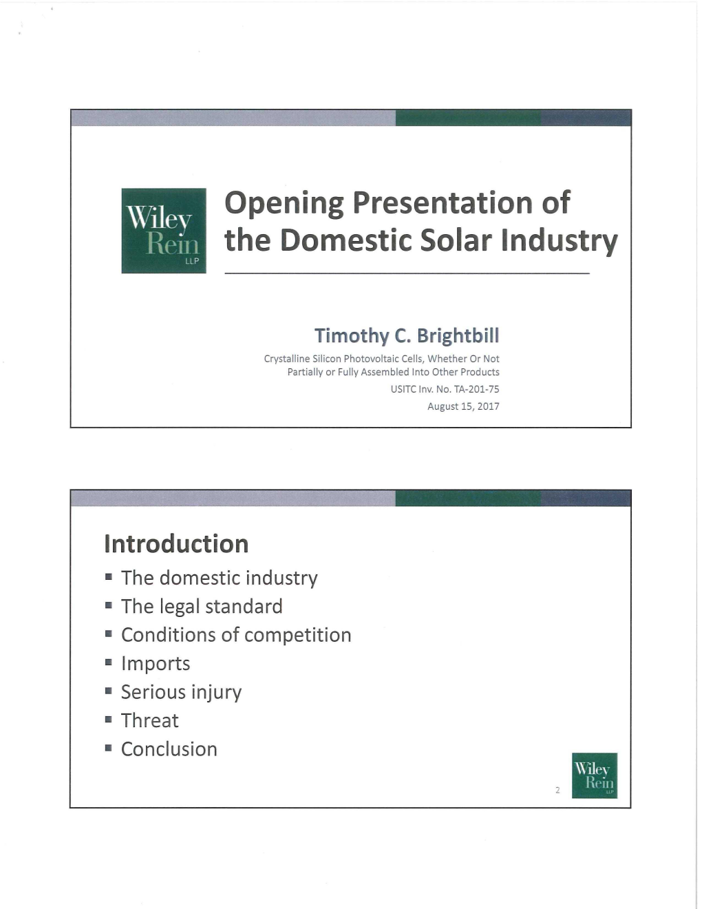 Opening Presentation of the Domestic Solar Industry