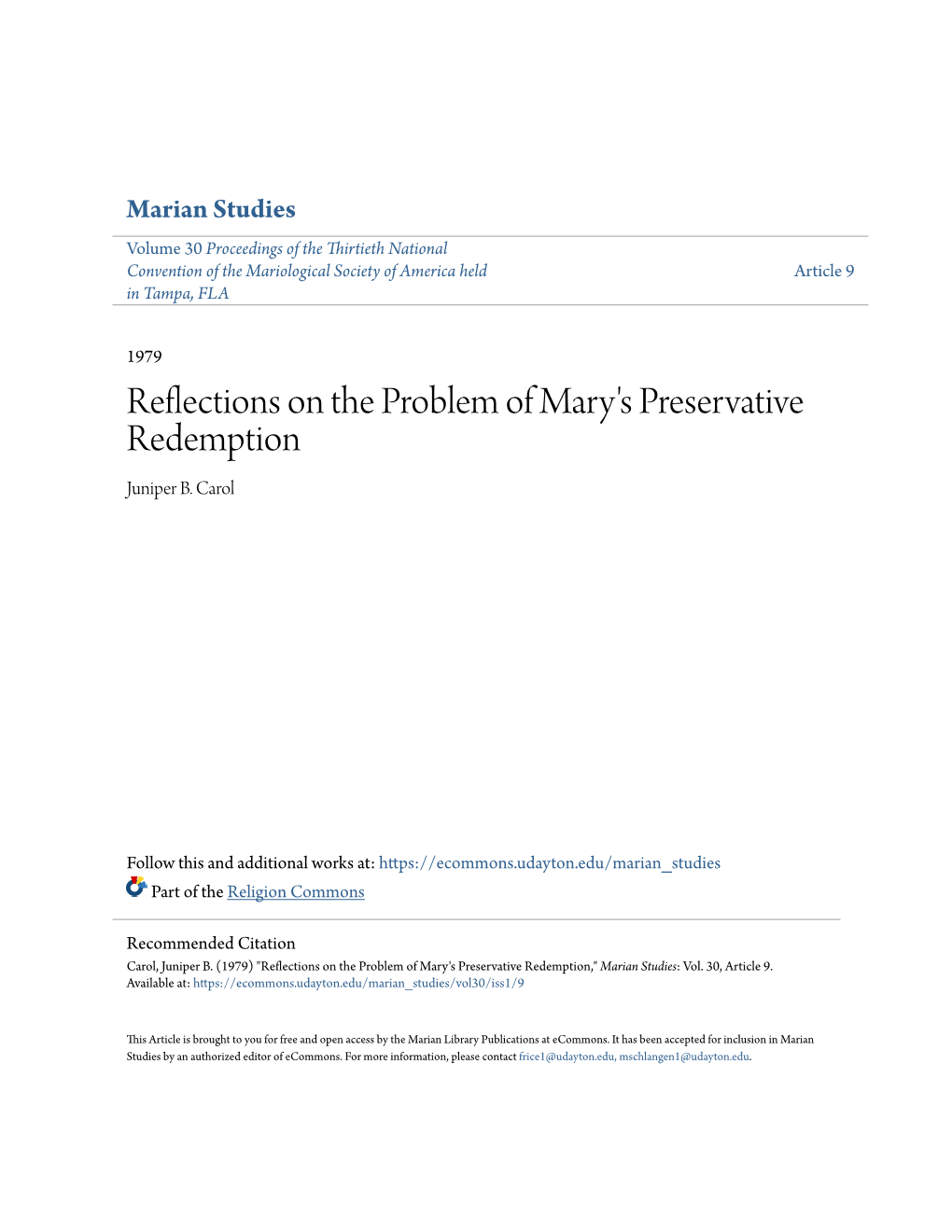 Reflections on the Problem of Mary's Preservative Redemption Juniper B