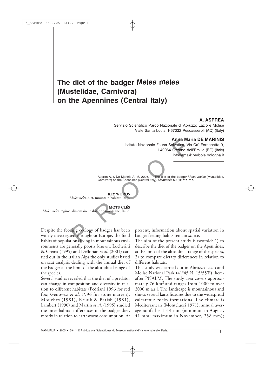 The Diet of the Badger Meles Meles (Mustelidae, Carnivora) on the Apennines (Central Italy)