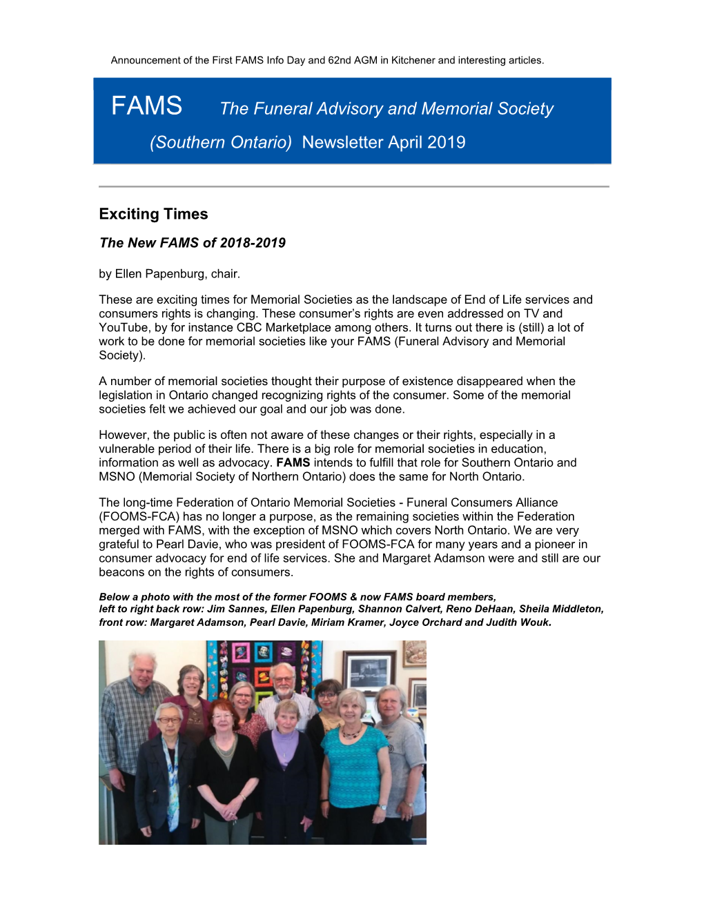 FAMS the Funeral Advisory and Memorial Society (Southern Ontario) Newsletter April 2019