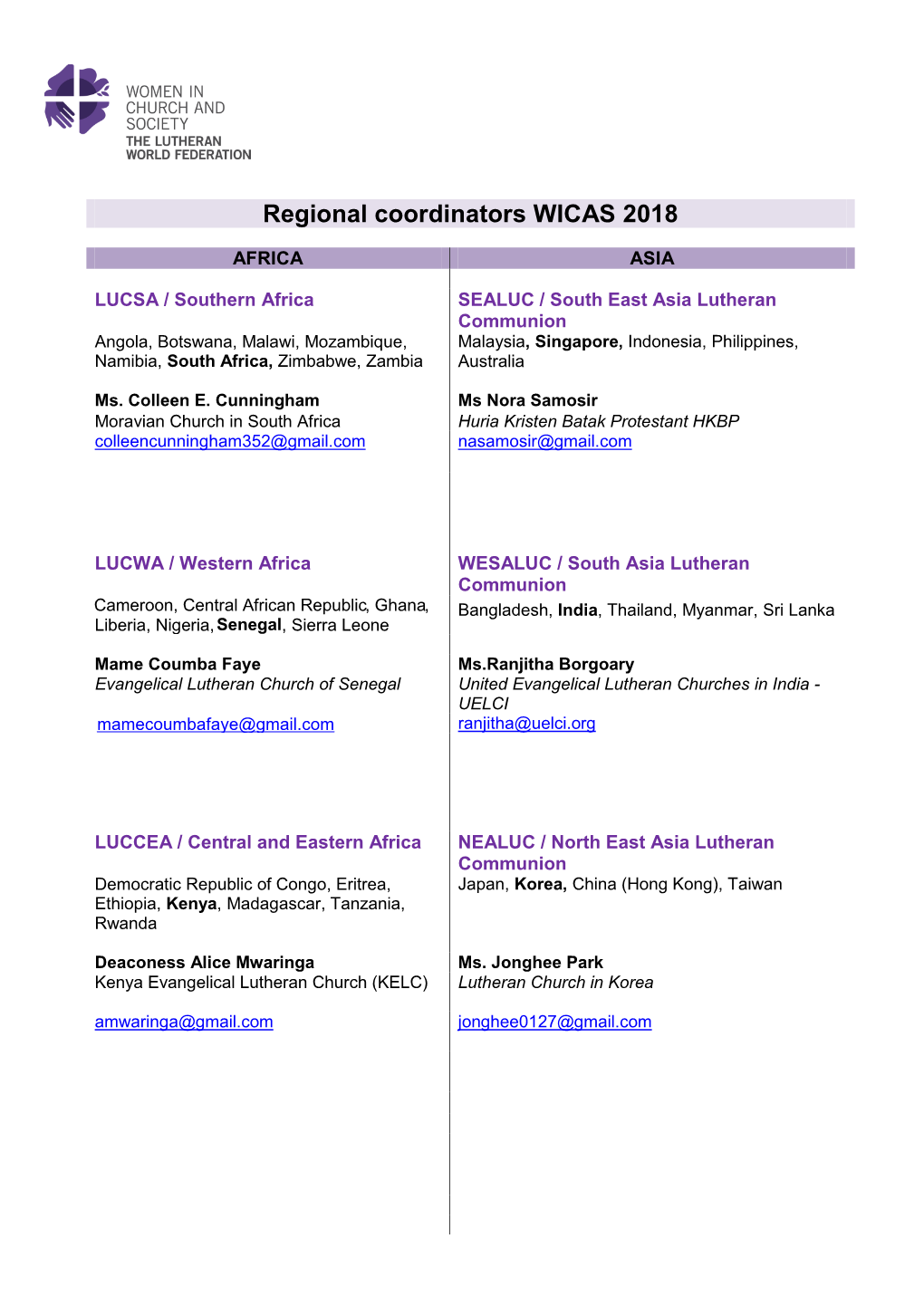 Regional Coordinators WICAS 2018