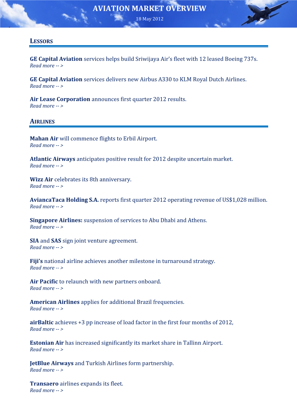 AVIATION MARKET OVERVIEW 18 May 2012