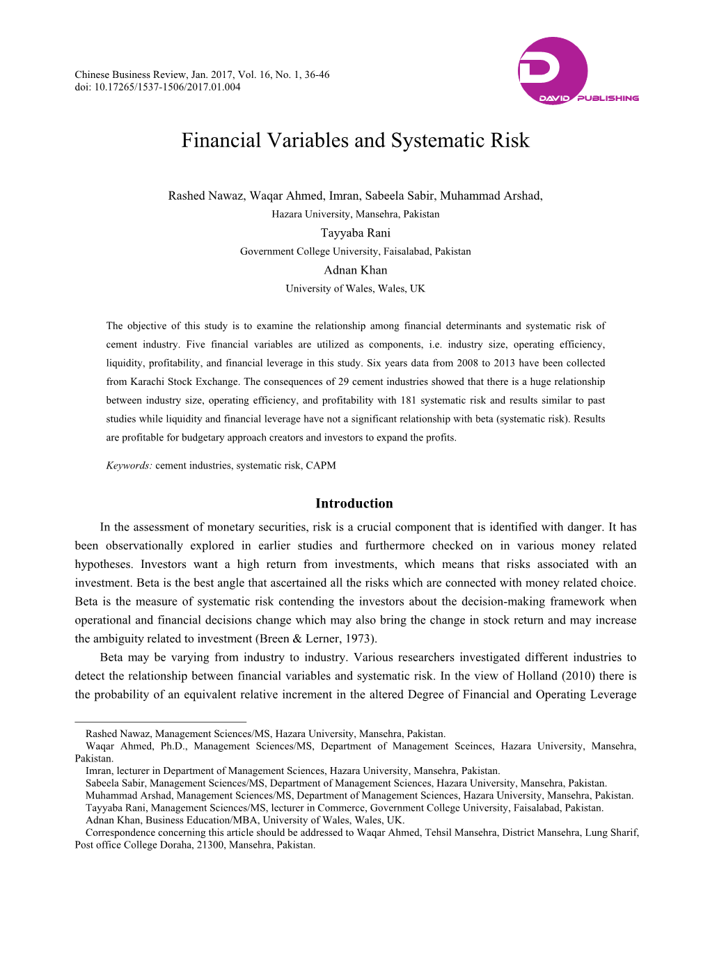 Financial Variables and Systematic Risk