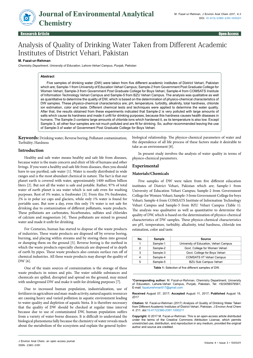 Journal of Environmental Analytical Chemistry