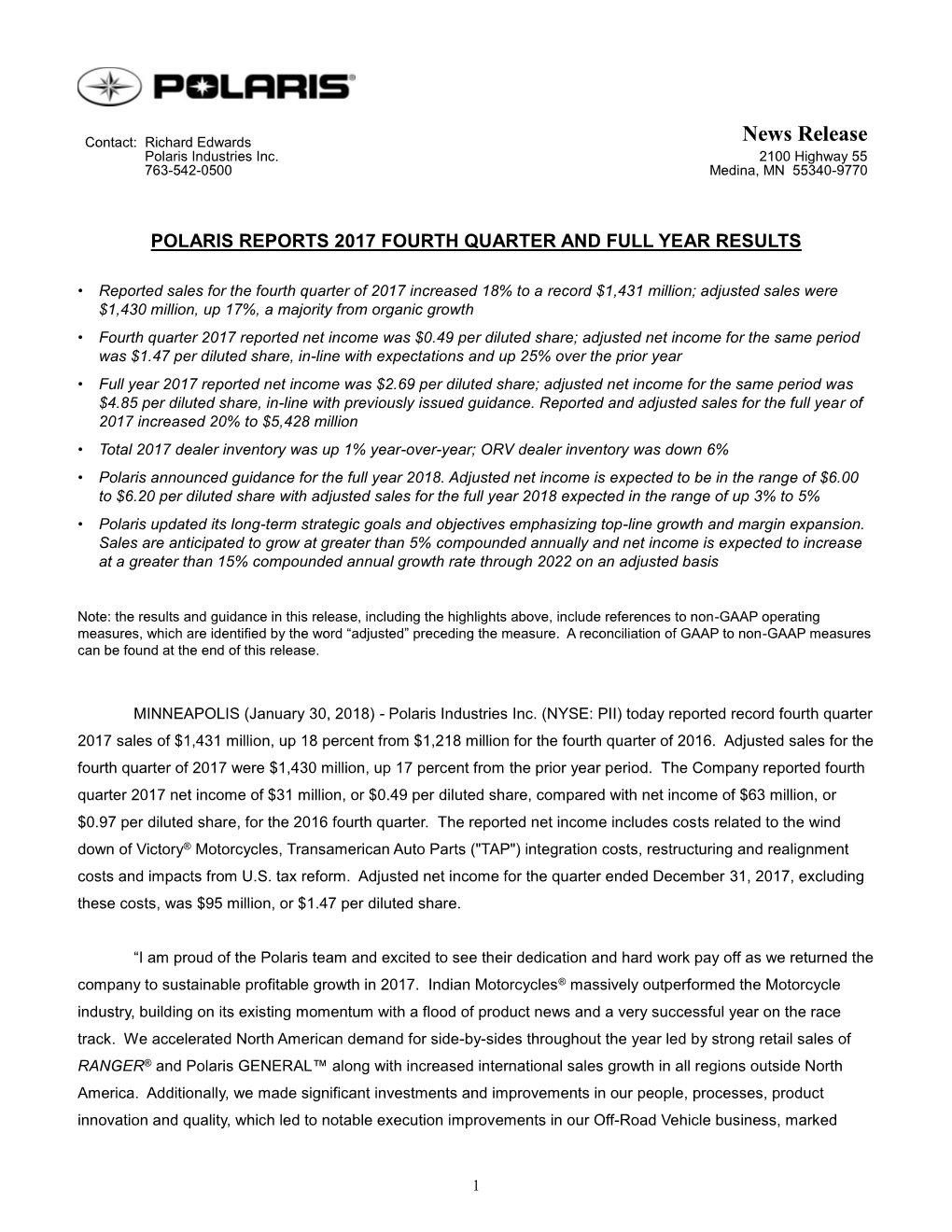 News Release Polaris Industries Inc