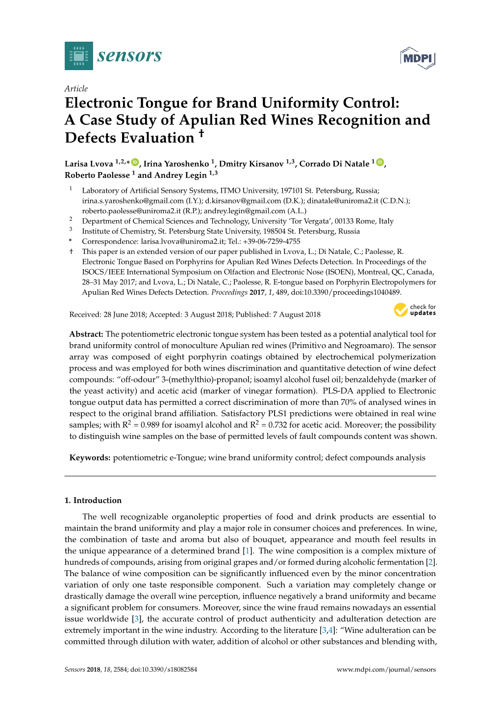 Electronic Tongue for Brand Uniformity Control: a Case Study of Apulian Red Wines Recognition and Defects Evaluation †