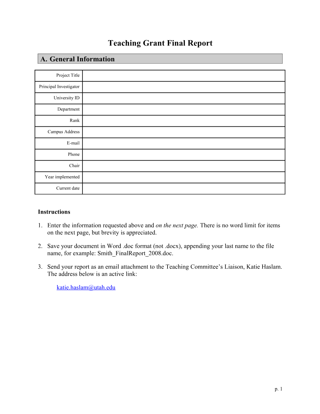 Individual Teaching Grant Application