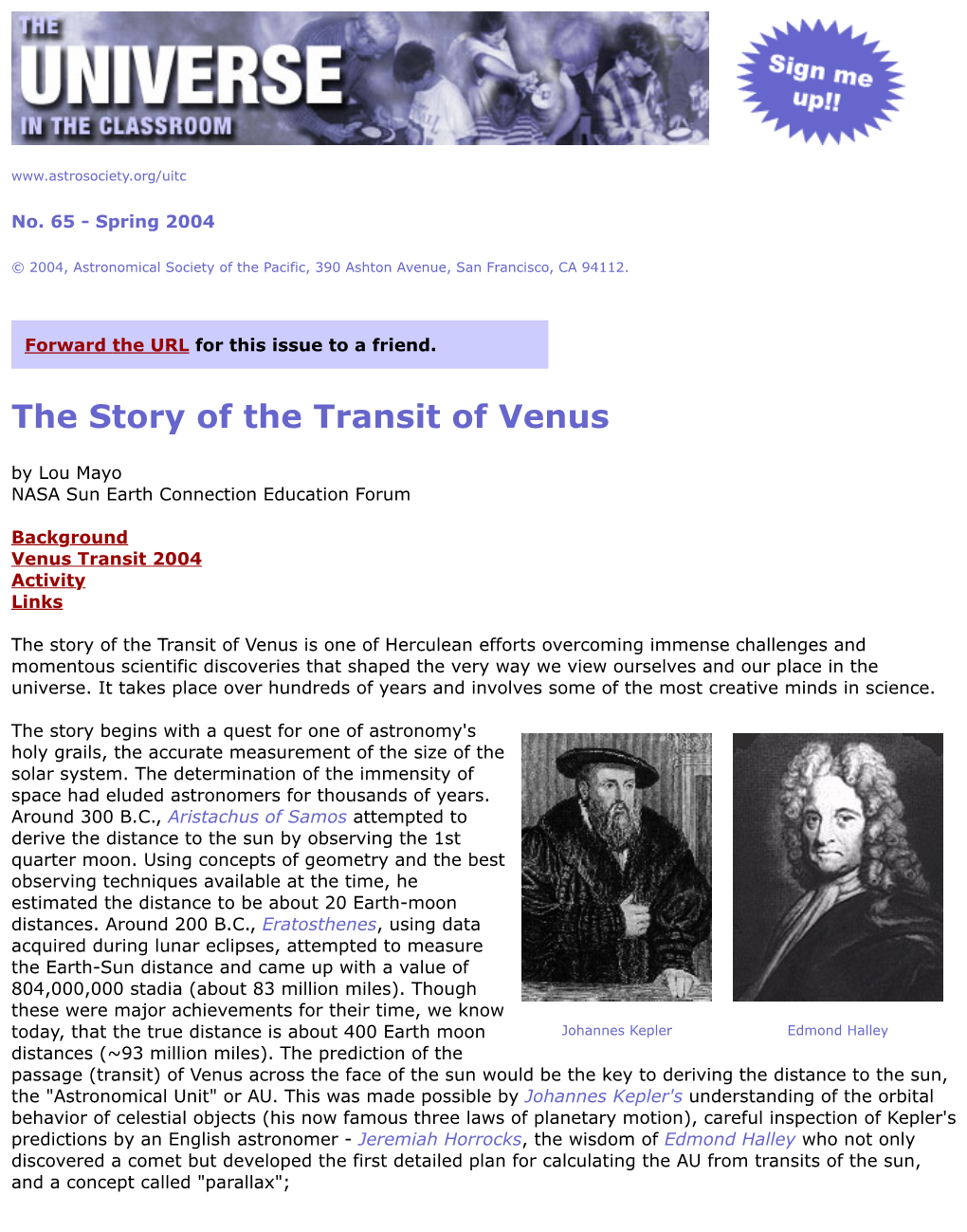 The Story of the Transit of Venus by Lou Mayo NASA Sun Earth Connection Education Forum