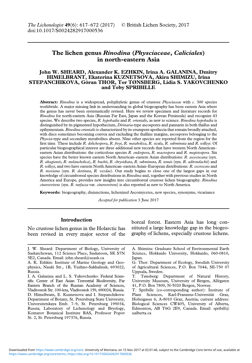 The Lichen Genus Rinodina (Physciaceae, Caliciales) in North-Eastern Asia