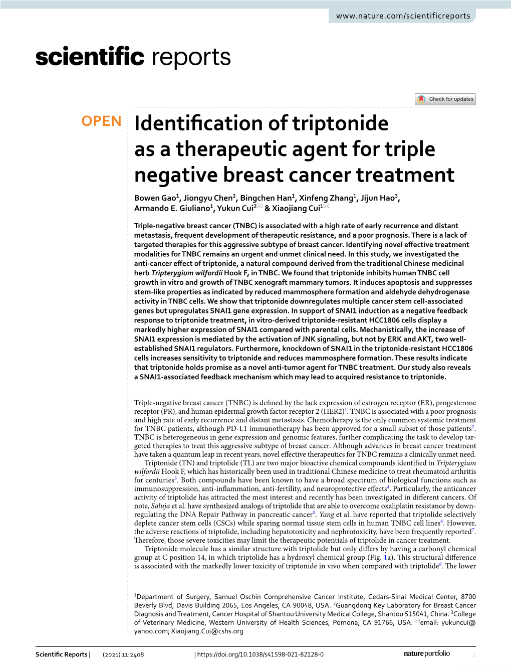 Identification of Triptonide As a Therapeutic Agent for Triple Negative