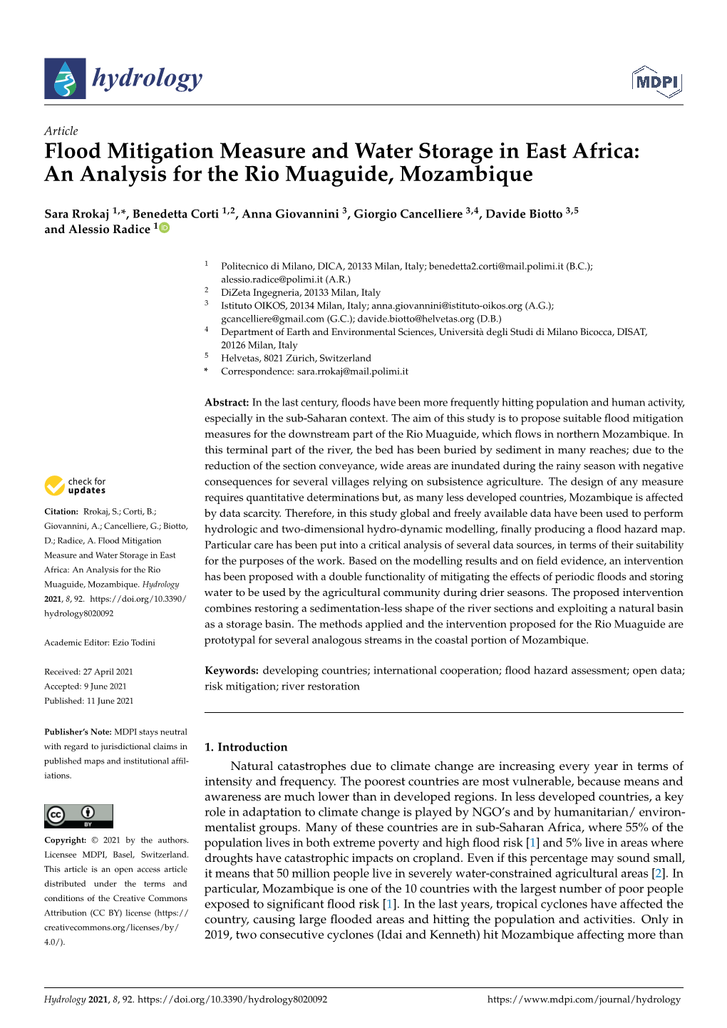 Flood Mitigation Measure and Water Storage in East Africa: an Analysis for the Rio Muaguide, Mozambique