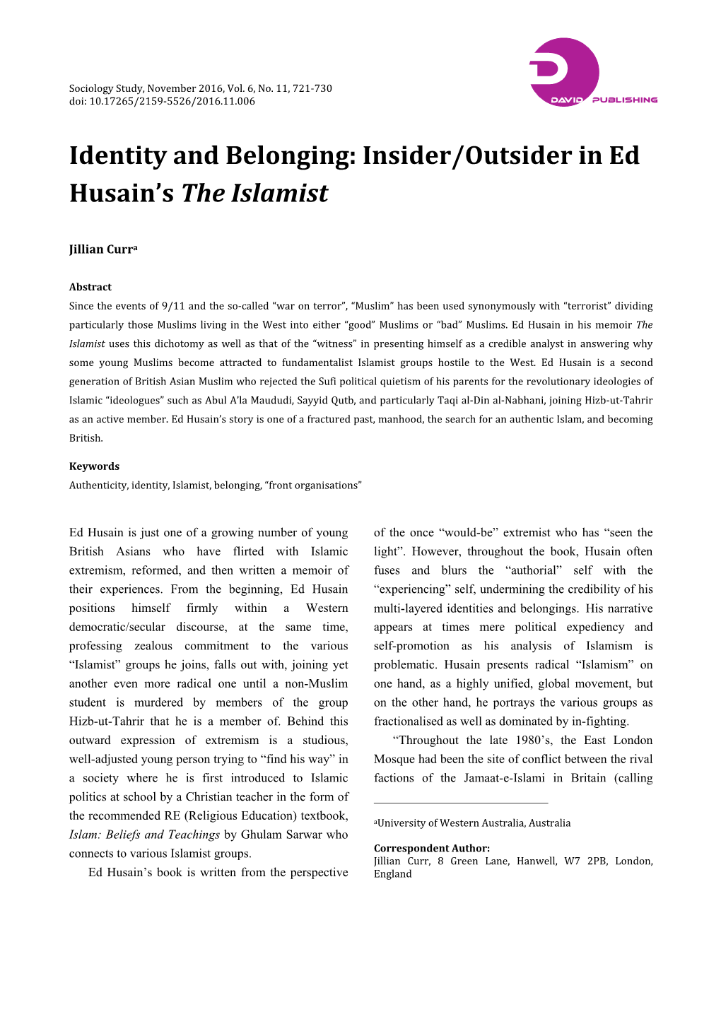 Insider/Outsider in Ed Husain's the Islamist