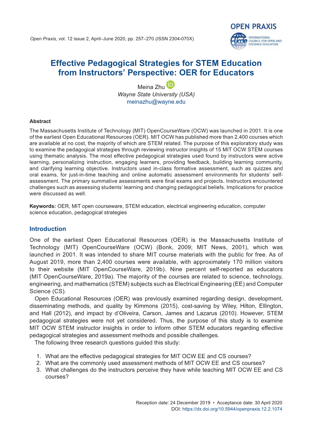 Effective Pedagogical Strategies for STEM Education from ­Instructors’ Perspective: OER for Educators