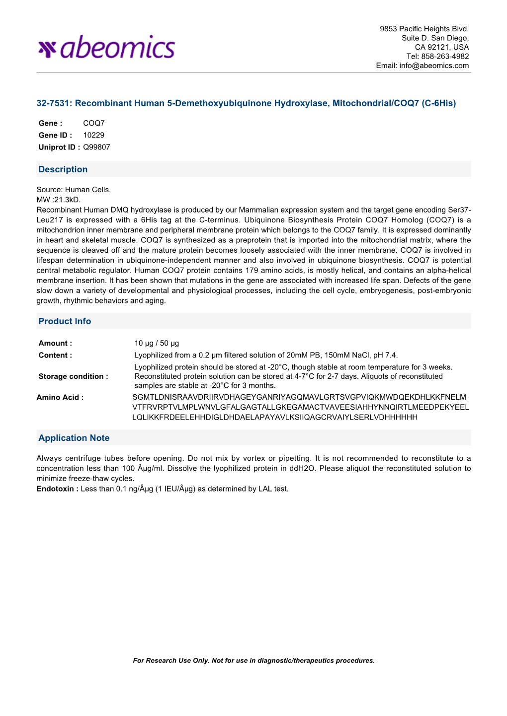 Recombinant Human 5-Demethoxyubiquinone Hydroxylase, Mitochondrial/COQ7 (C-6His)