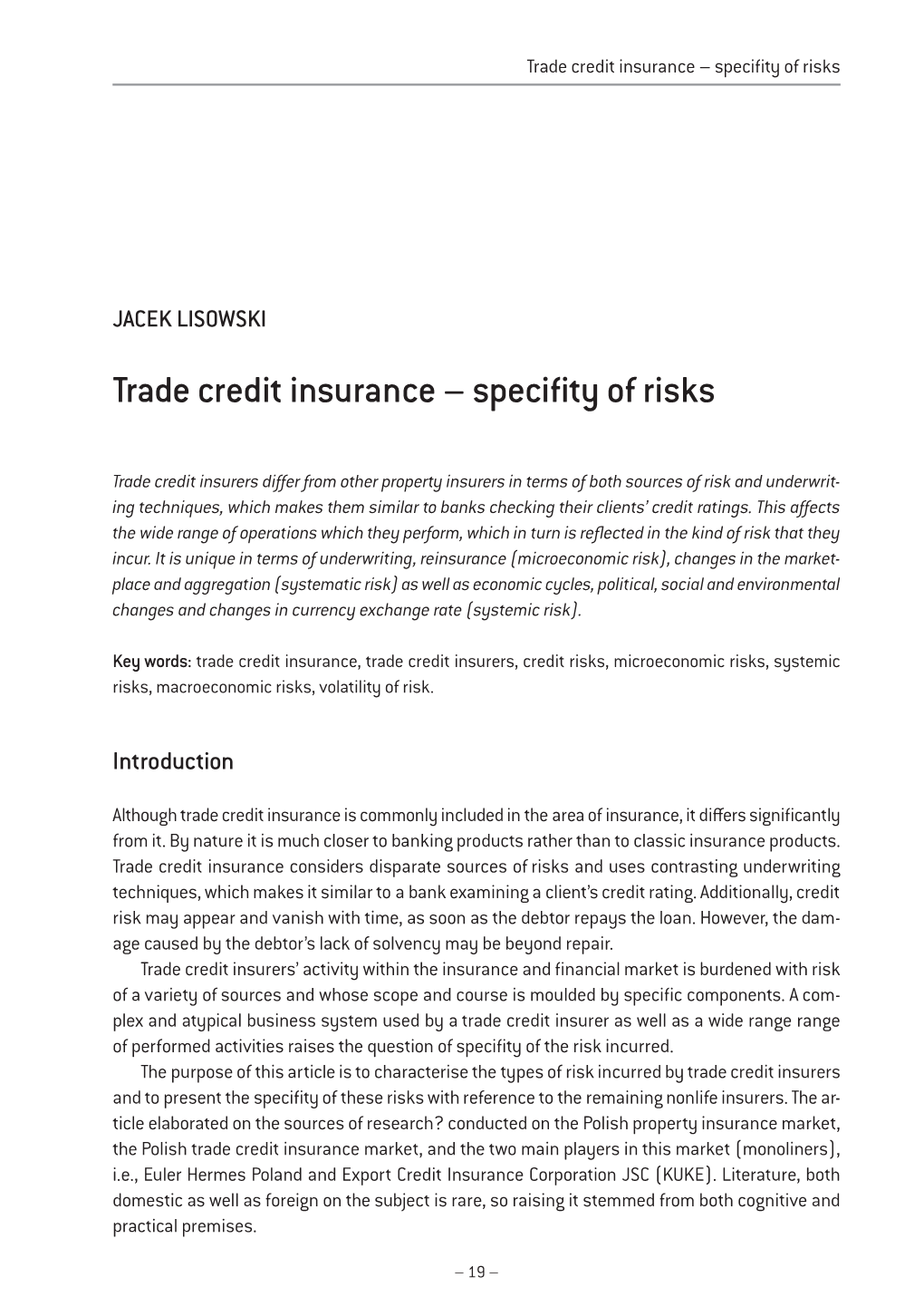 Trade Credit Insurance – Specifity of Risks