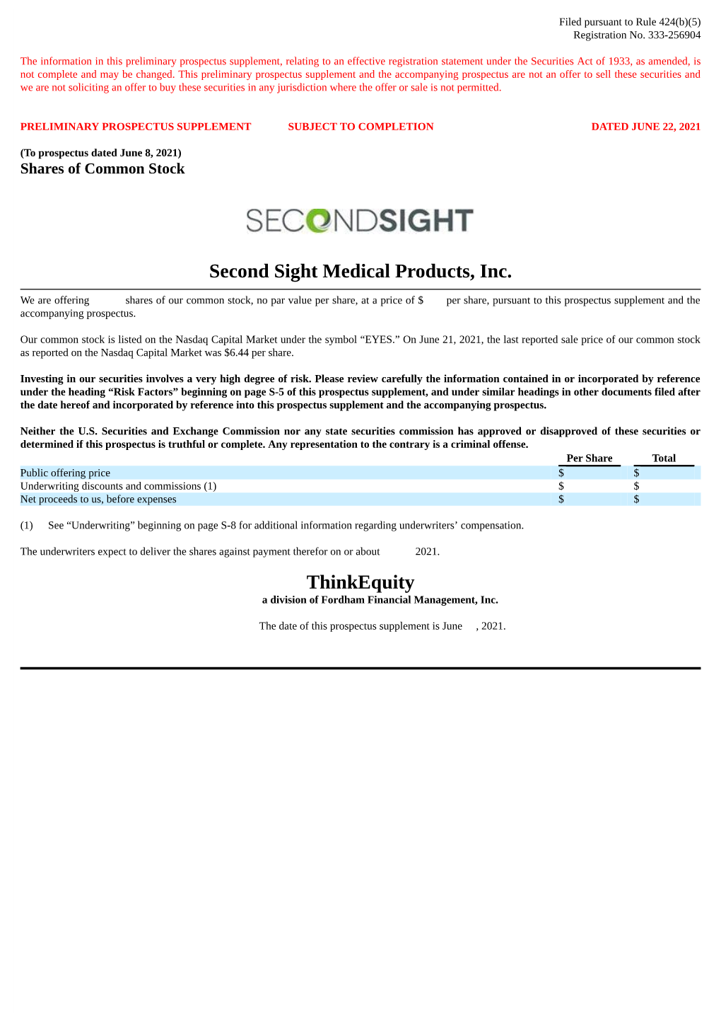 Second Sight Medical Products, Inc. Thinkequity