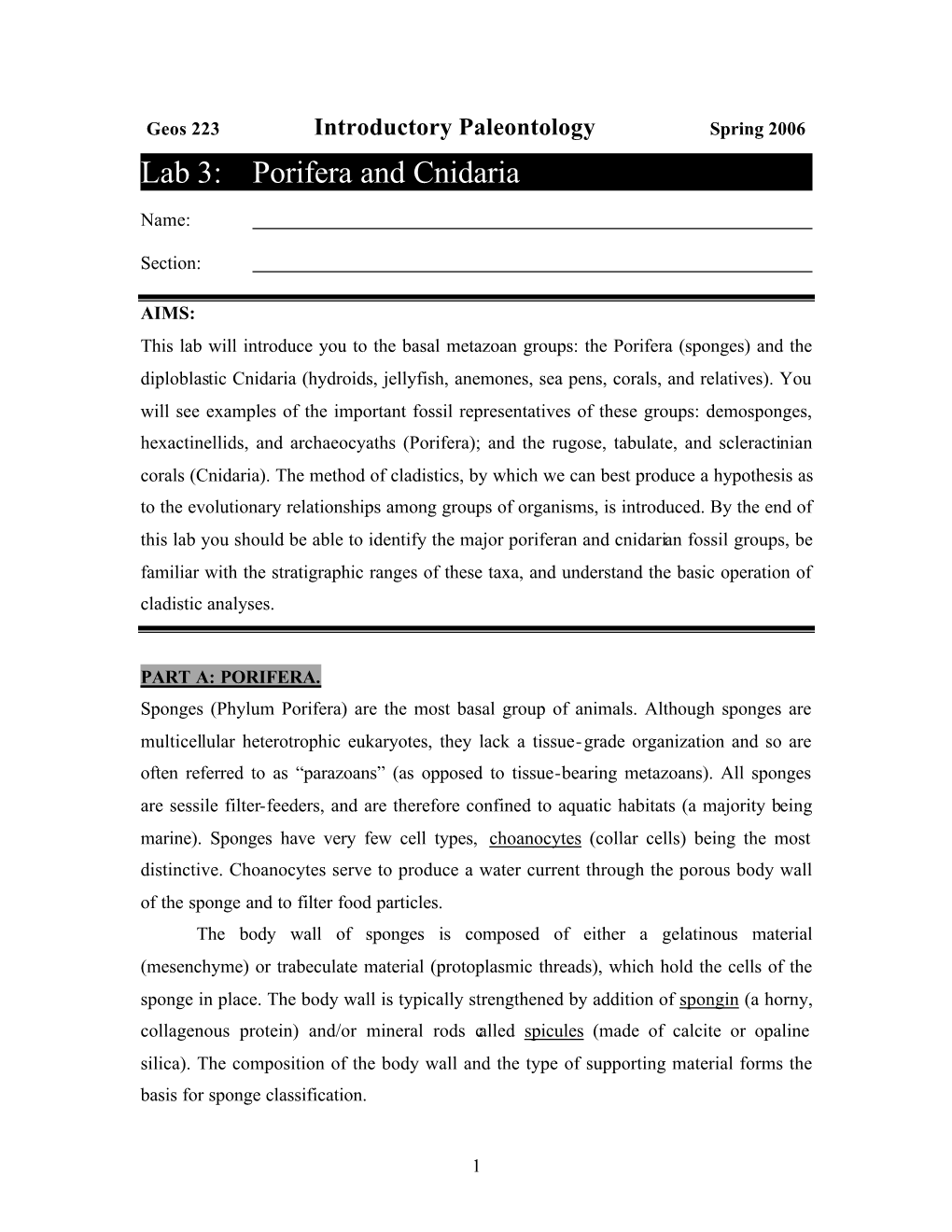 Lab 3: Porifera and Cnidaria