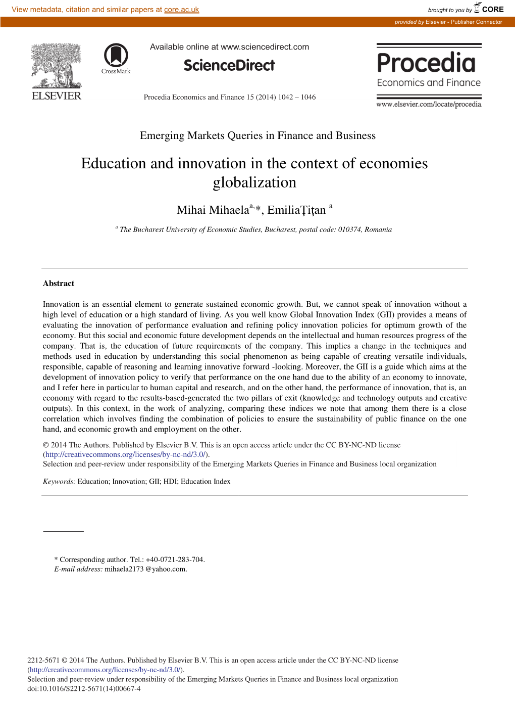 Education and Innovation in the Context of Economies Globalization