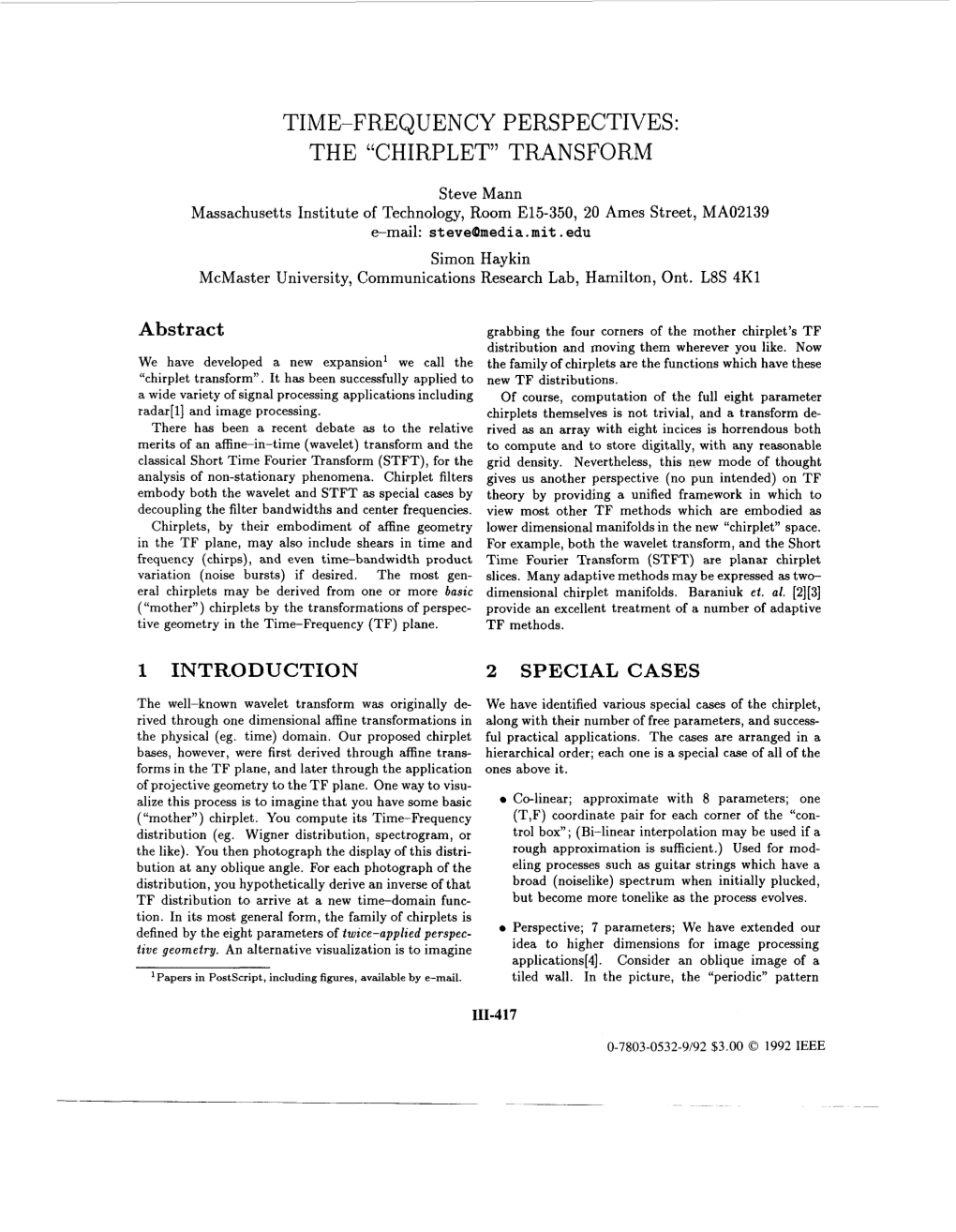 Time-Frequency Perspectives: the “Chirplet” Transform