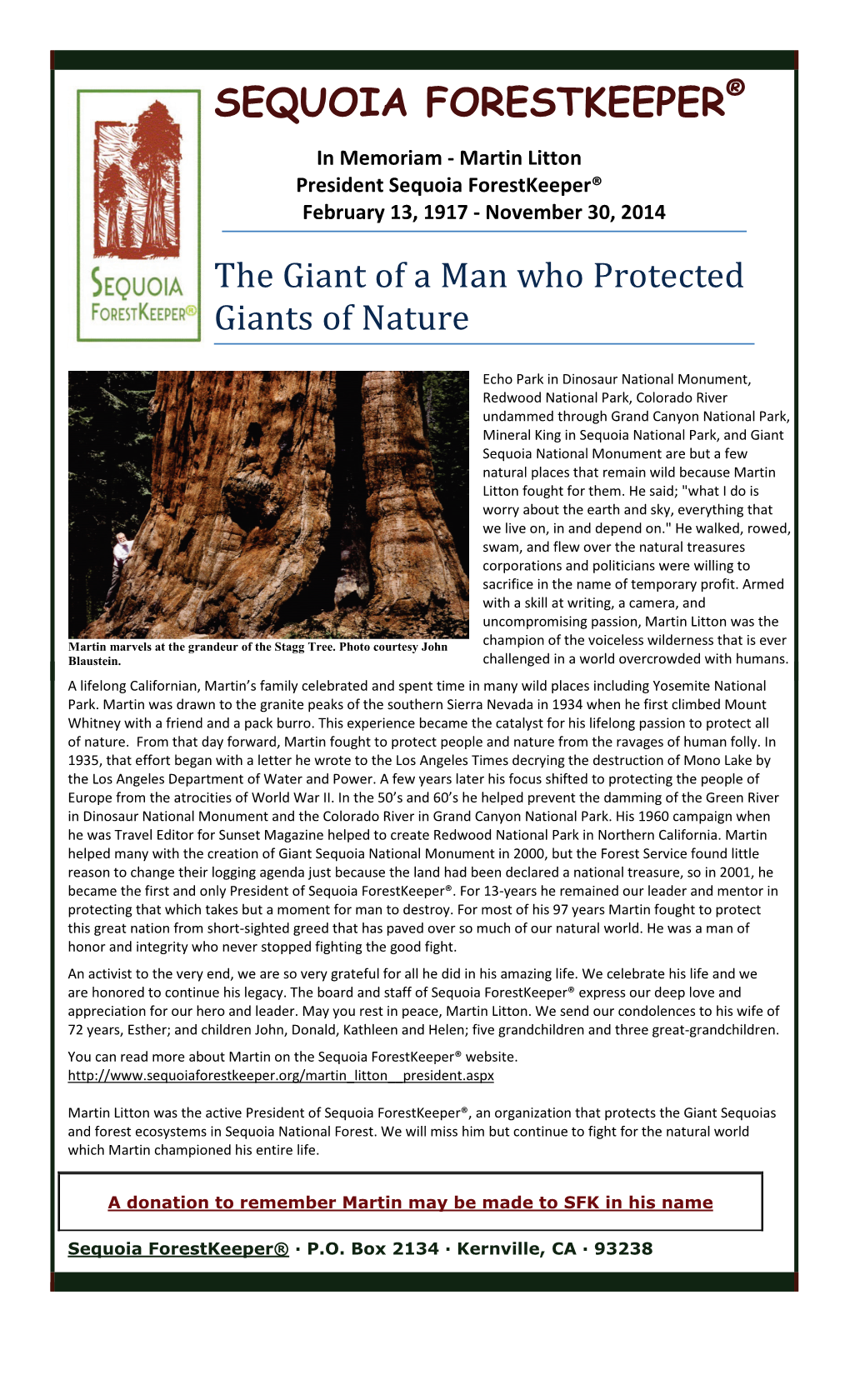 Sequoia Forestkeeper® E-Newsletter Tribute to Martin Litton