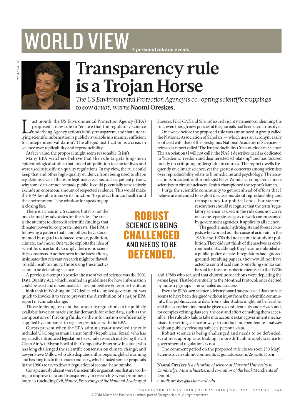Transparency Rule Is a Trojan Horse the US Environmental Protection Agency Is Co-Opting Scientific Trappings to Sow Doubt, Warns Naomi Oreskes