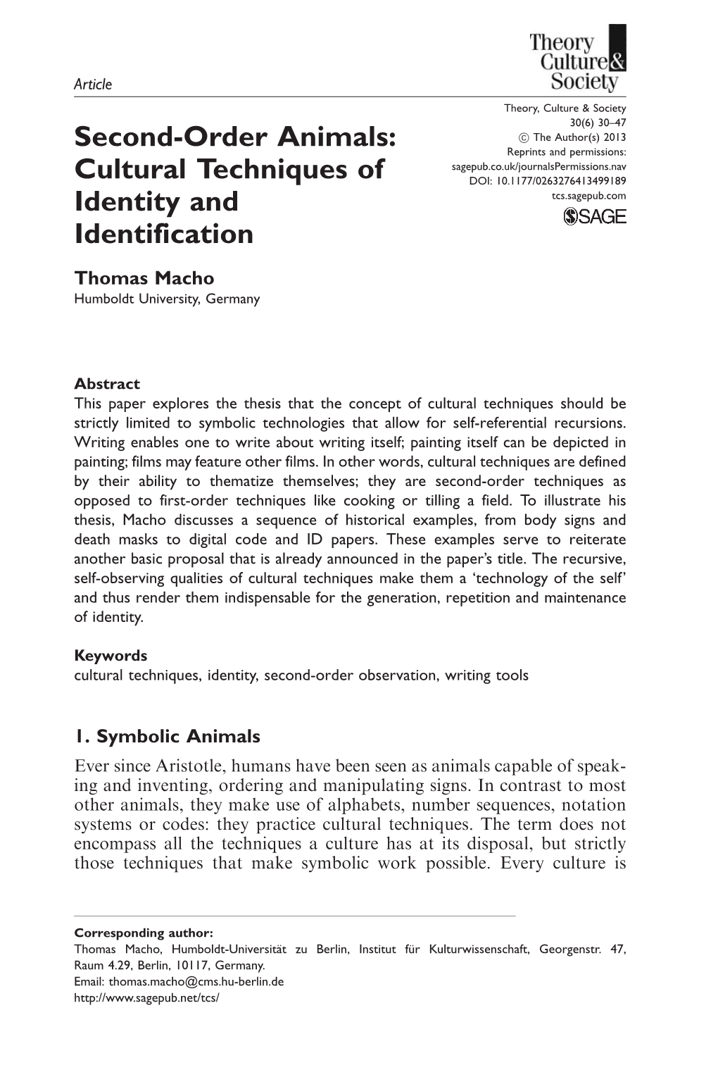 Second-Order Animals: Cultural Techniques of Identity And