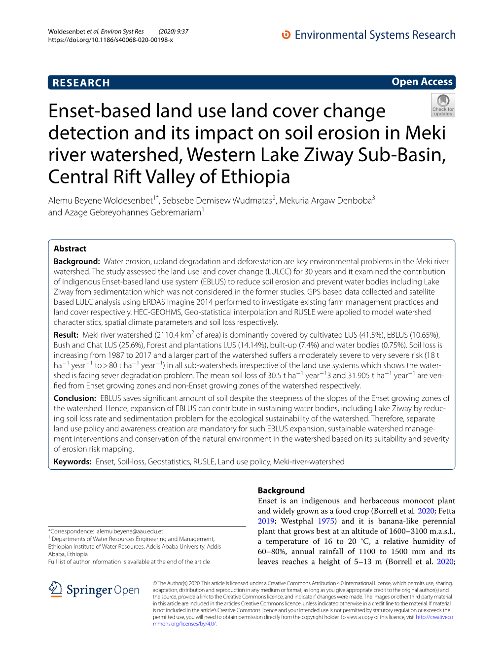 Enset-Based Land Use Land Cover Change Detection and Its Impact on Soil Erosion in Meki River Watershed, Western Lake Ziway