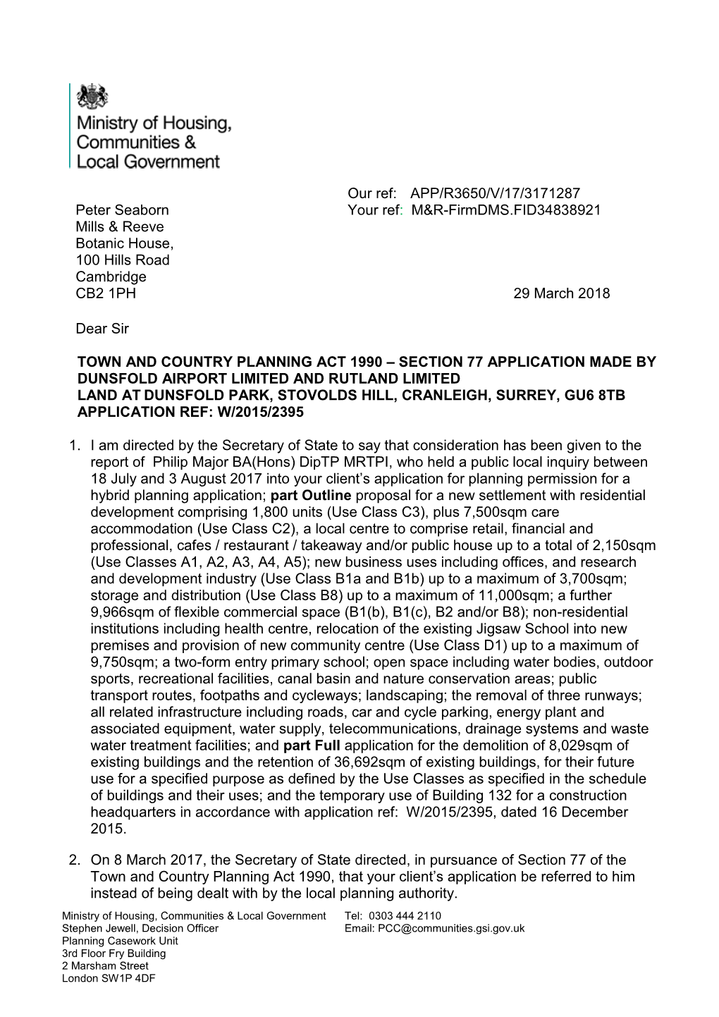 Land at Dunsfold Park, Stovolds Hill, Cranleigh, Surrey, Gu6 8Tb Application Ref: W/2015/2395