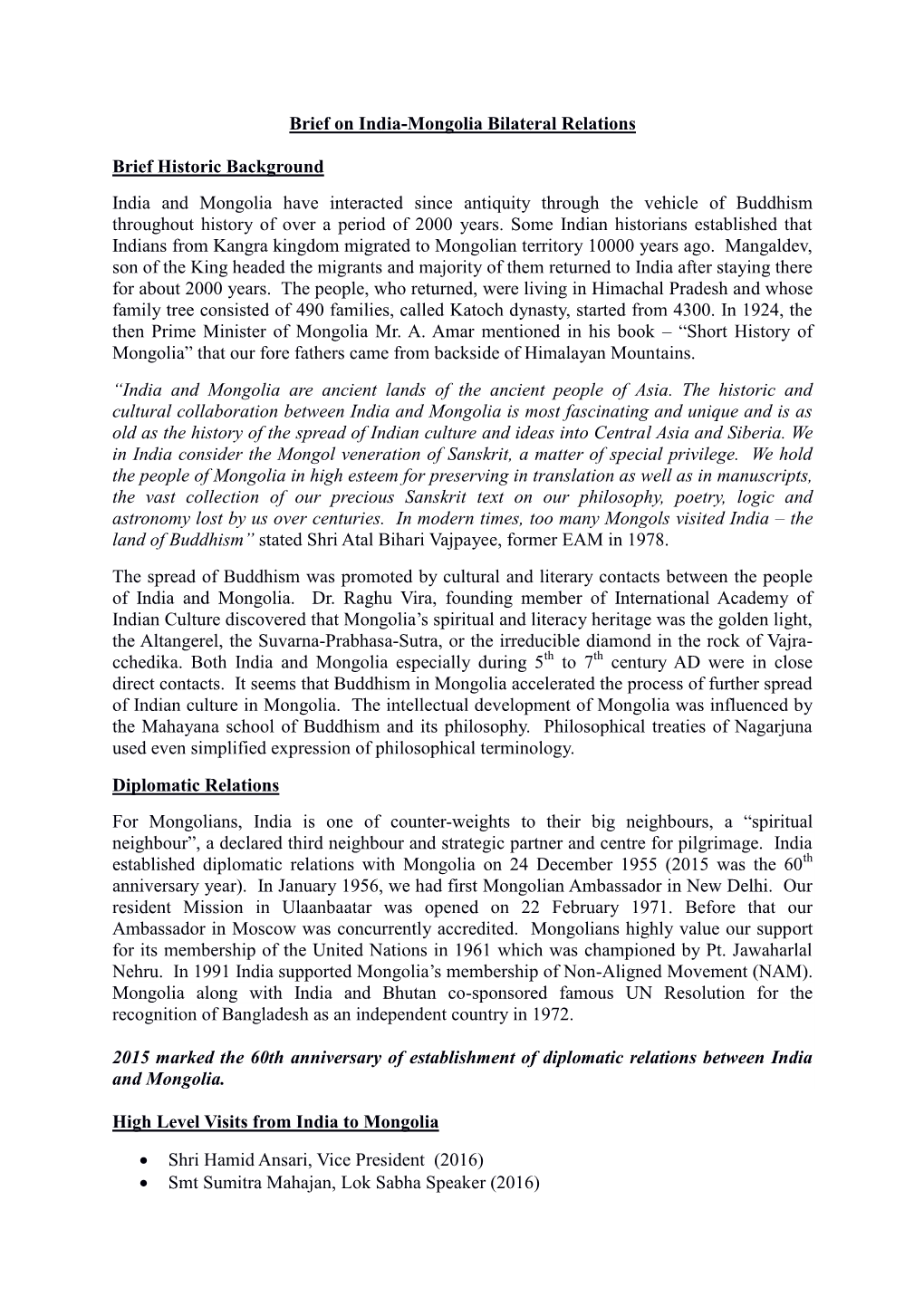 Brief on India-Mongolia Bilateral Relations Brief Historic Background