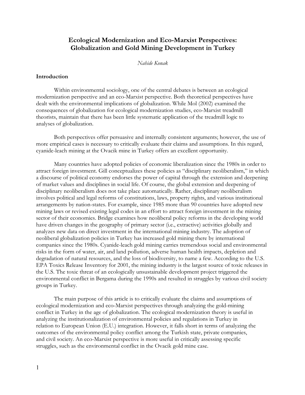 Ecological Modernization and Eco-Marxist Perspectives: Globalization and Gold Mining Development in Turkey