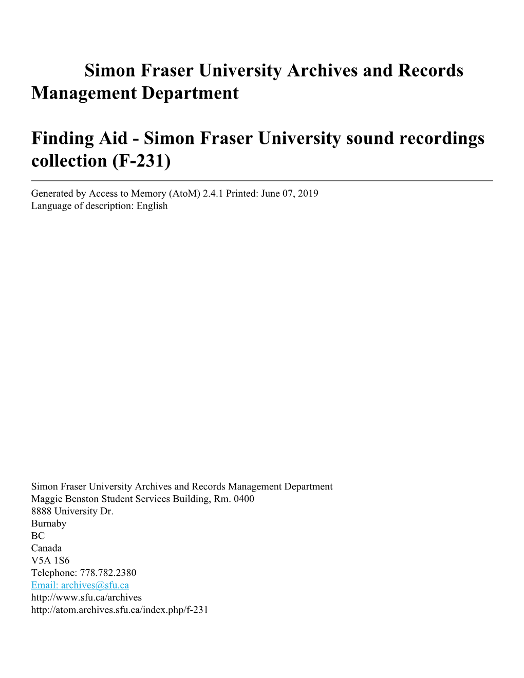 Simon Fraser University Sound Recordings Collection (F-231)