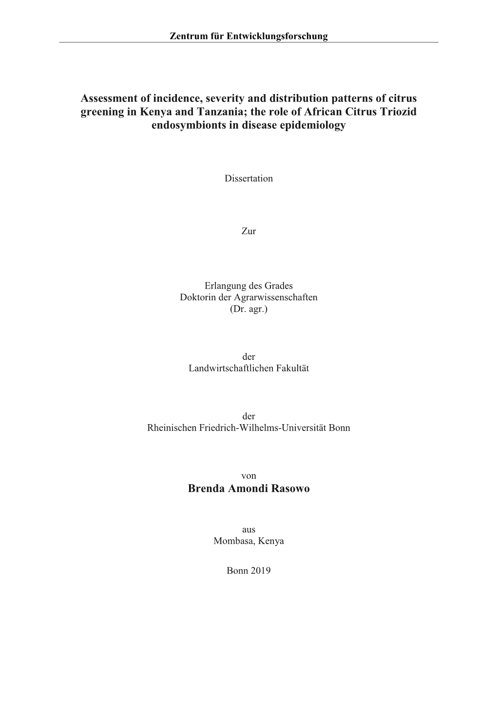 Assessment of Incidence, Severity and Distribution Patterns of Citrus