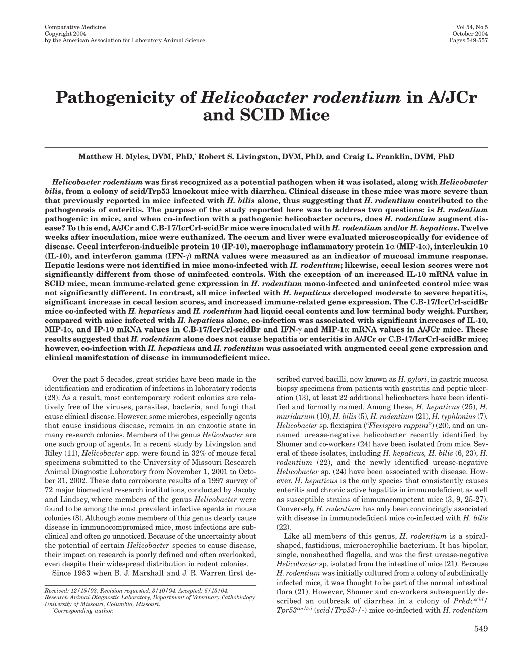 Pathogenicity of &lt;I&gt;Helicobacter Rodentium&lt;/I&gt; in A/Jcr and SCID Mice