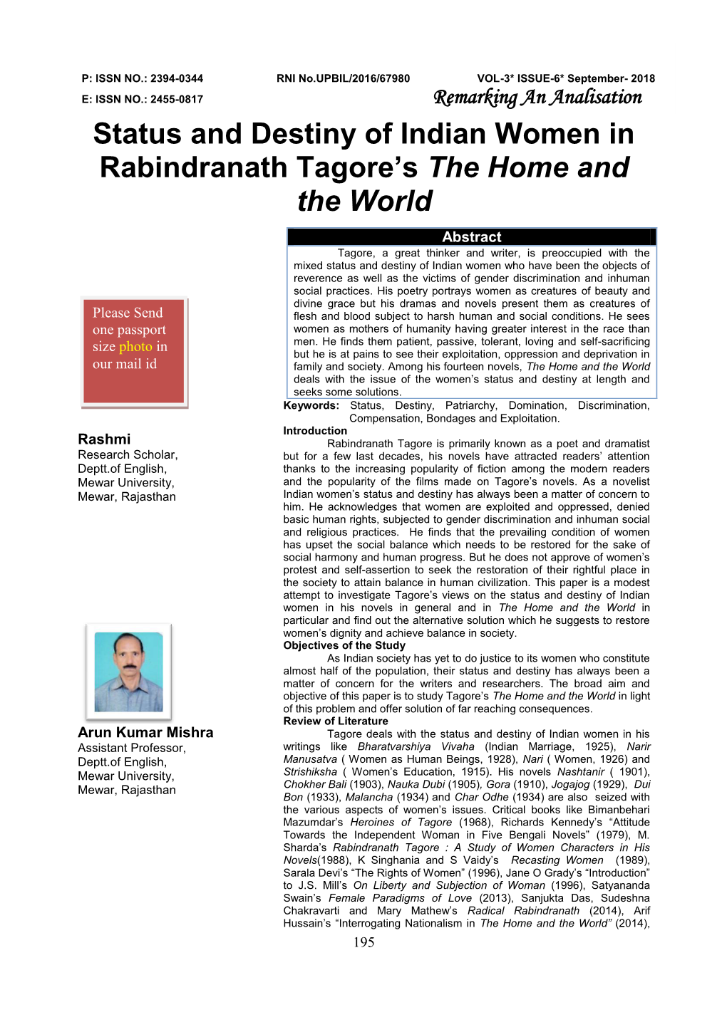 Status and Destiny of Indian Women in Rabindranath Tagore's the Home and the World