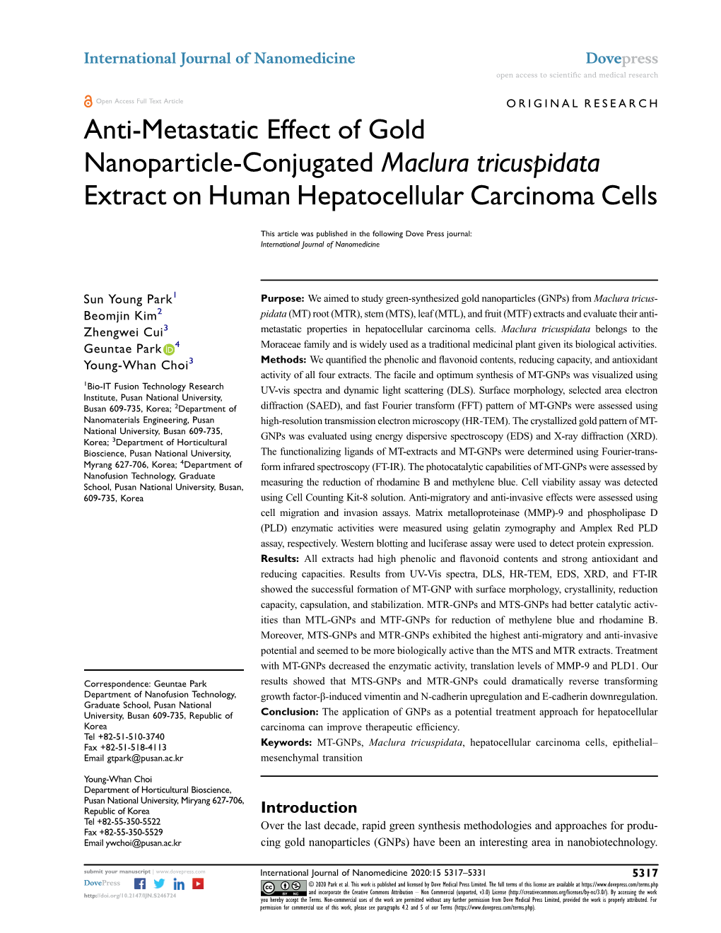 Anti-Metastatic Effect of Gold Nanoparticle-Conjugated Maclura Tricuspidata Extract on Human Hepatocellular Carcinoma Cells