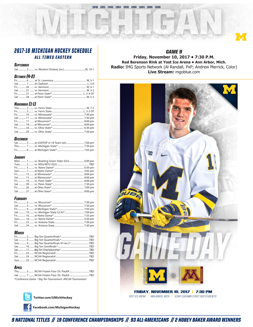 2017-18 MICHIGAN HOCKEY SCHEDULE GAME 9 ALL TIMES EASTERN Friday, November 10, 2017 • 7:30 P.M