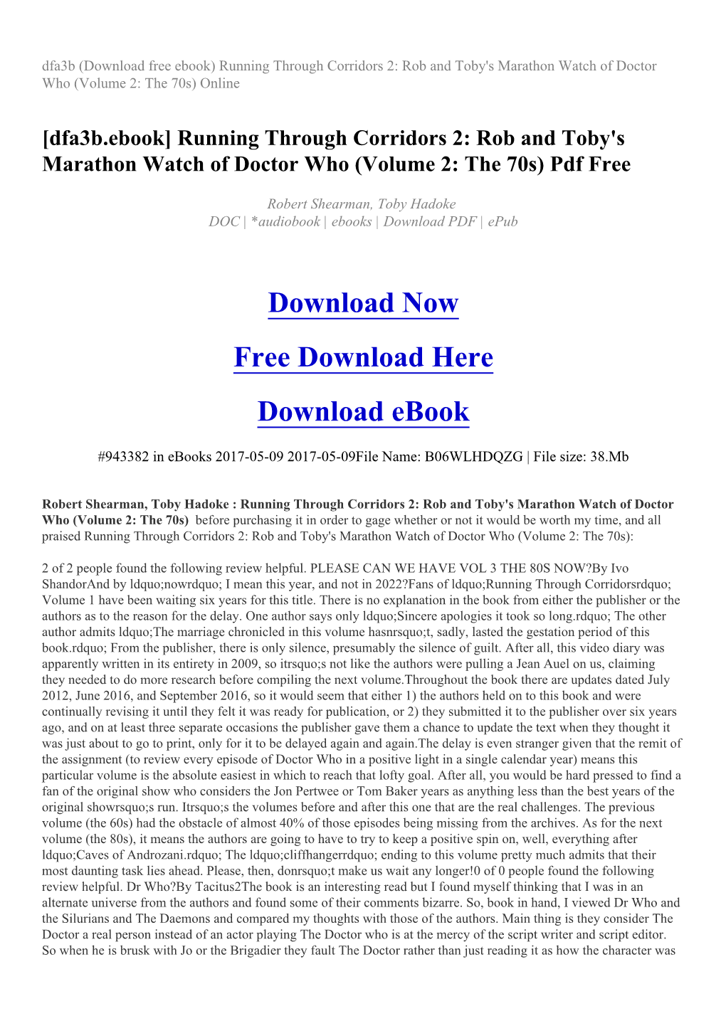 Dfa3b (Download Free Ebook) Running Through Corridors 2: Rob and Toby's Marathon Watch of Doctor Who (Volume 2: the 70S) Online