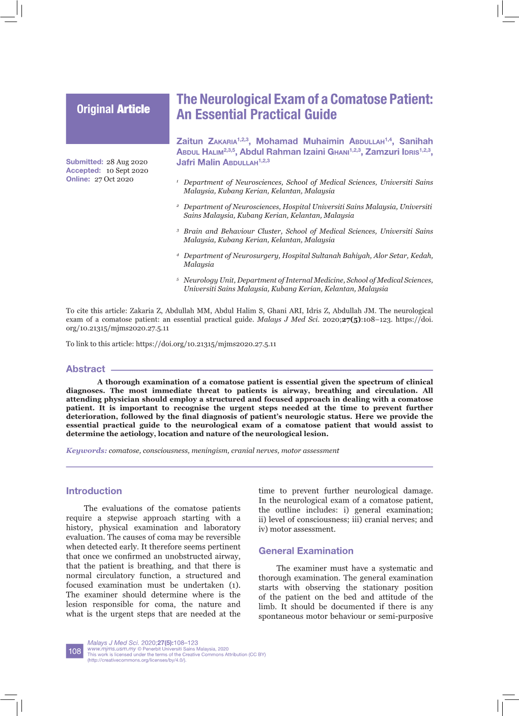 The Neurological Exam of a Comatose Patient: Original Article an Essential Practical Guide