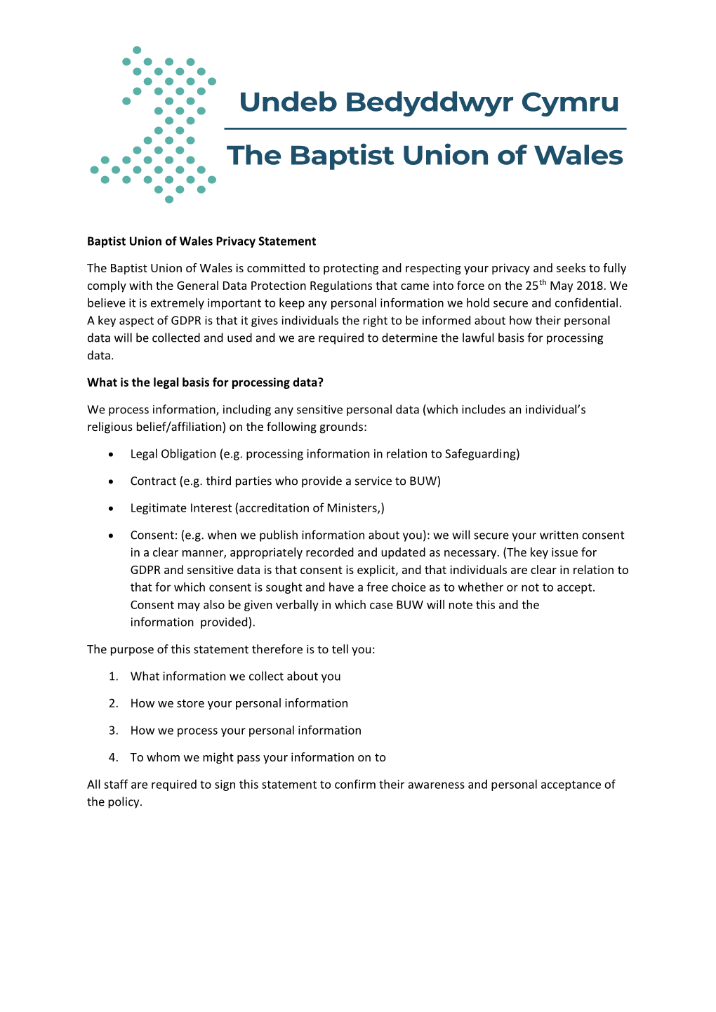 Baptist Union of Wales Privacy Statement the Baptist Union Of