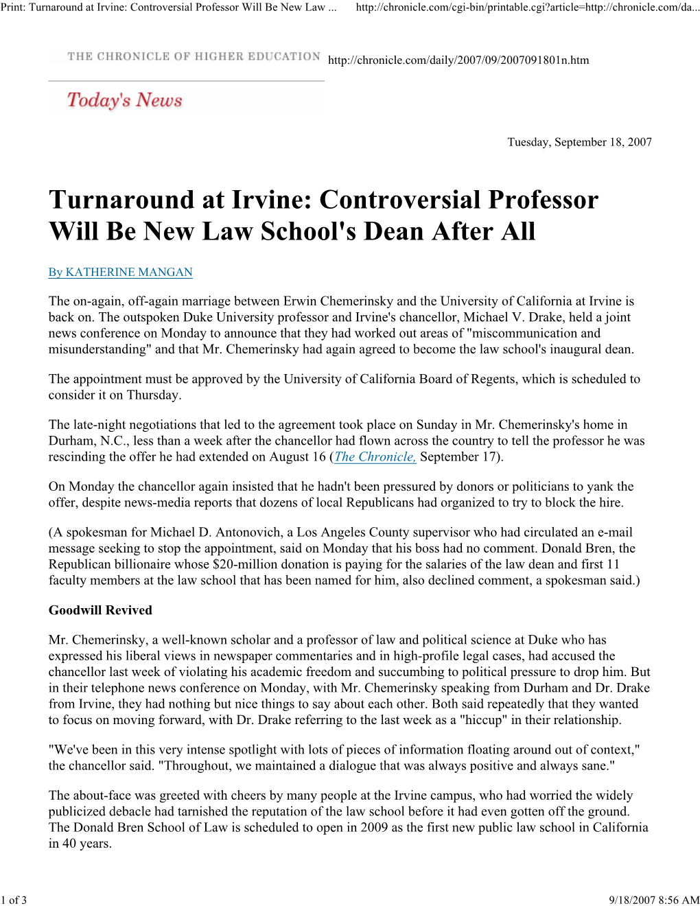 Turnaround at Irvine: Controversial Professor Will Be New Law