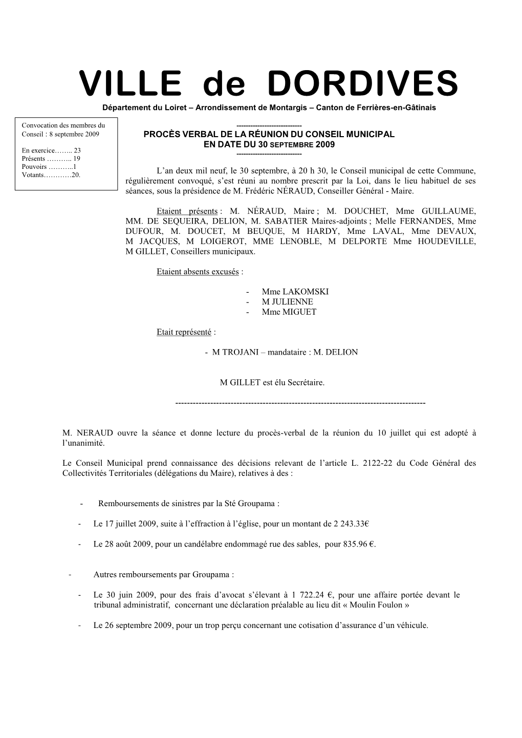 Conseil Municipal Du 30 Septembre 2009