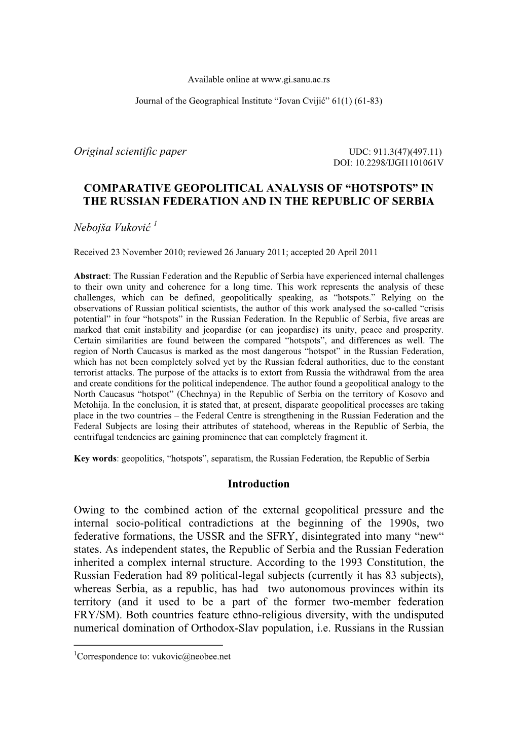 Comparative Geopolitical Analysis of “Hotspots” in the Russian Federation and in the Republic of Serbia