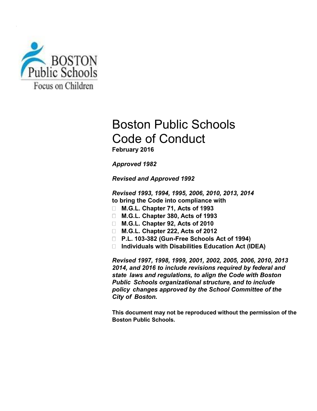 Boston Public Schools Code of Conduct February 2016