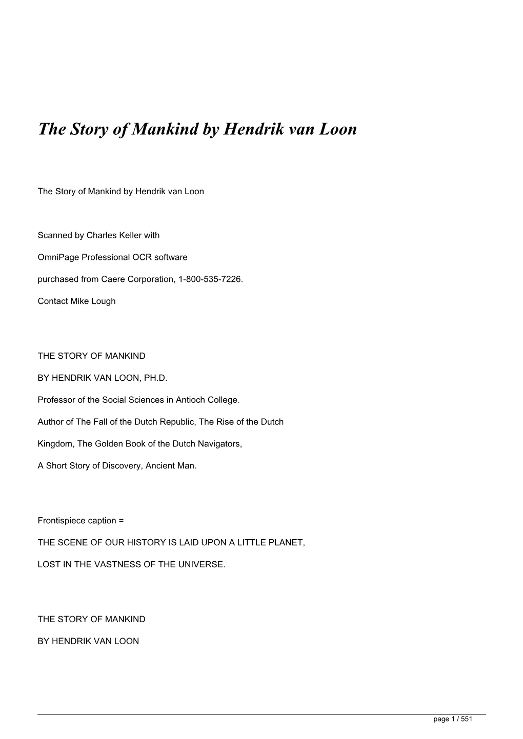 The Story of Mankind by Hendrik Van Loon</H1>