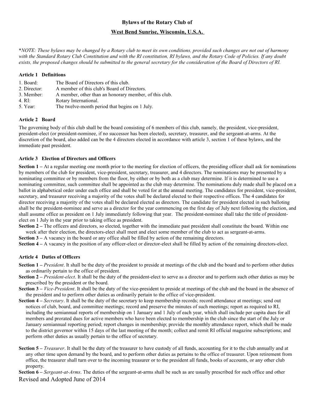 Recommended Rotary Club Bylaws (2007)