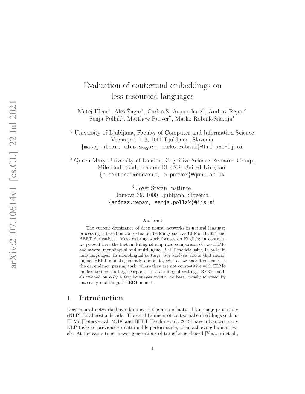 Evaluation of Contextual Embeddings on Less-Resourced Languages