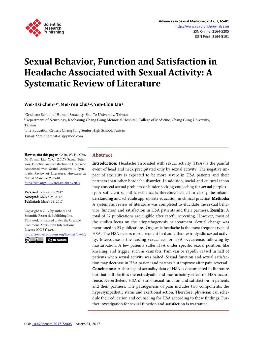 Sexual Behavior, Function and Satisfaction in Headache Associated with Sexual Activity: a Systematic Review of Literature