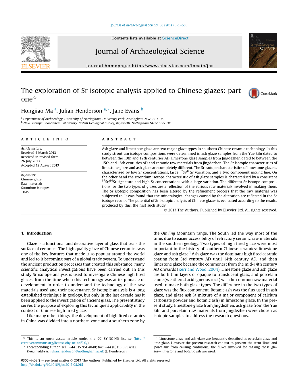 The Exploration of Sr Isotopic Analysis Applied to Chinese Glazes: Part Oneq